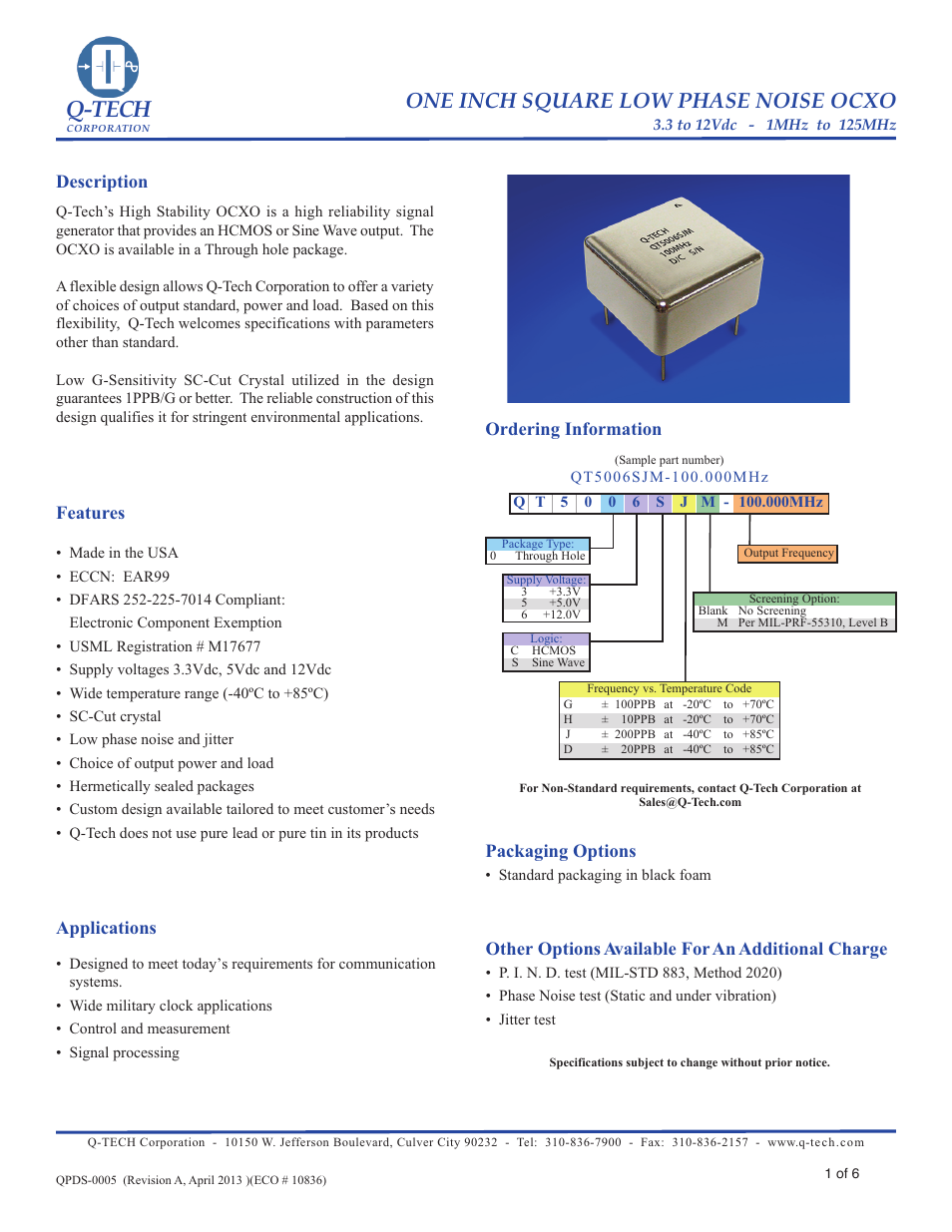 Q-Tech LOW PHASE NOISE OCXO User Manual | 6 pages