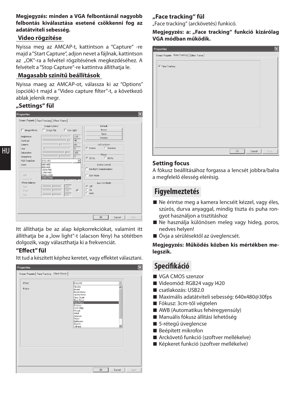 Figyelmeztetés, Specifi káció | Media-Tech Z-CAM User Manual | Page 10 / 16