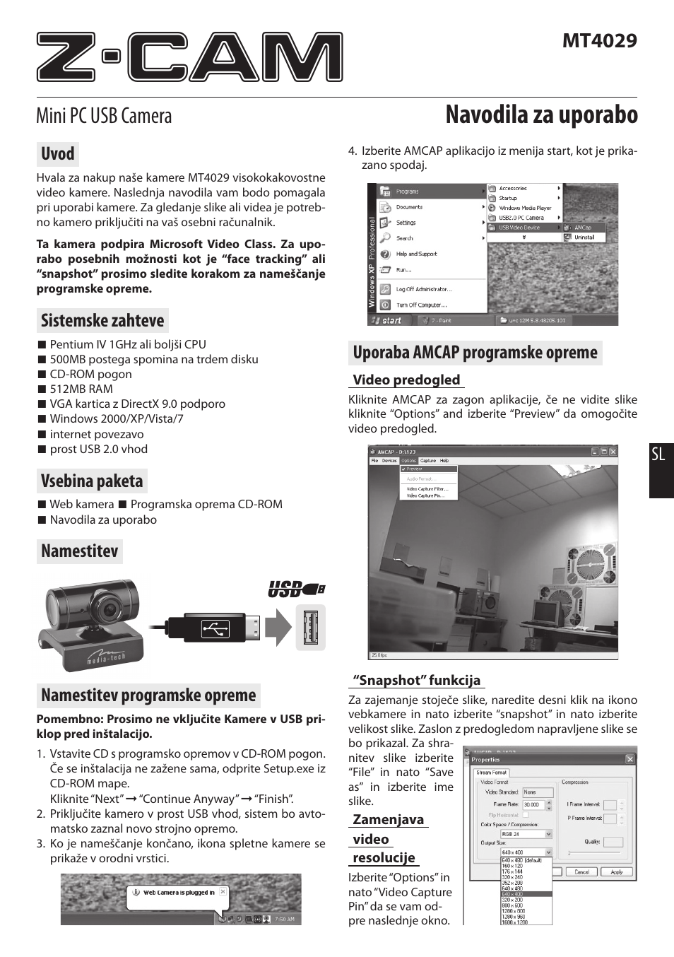 Z-cam, Navodila za uporabo, Mini pc usb camera | Mt4029, Sl uporaba amcap programske opreme, Namestitev programske opreme, Uvod, Sistemske zahteve, Vsebina paketa, Namestitev | Media-Tech Z-CAM User Manual | Page 13 / 16