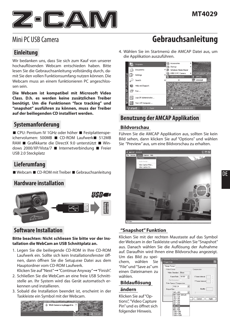 Z-cam, Gebrauchsanleitung, Mini pc usb camera | Mt4029, Benutzung der amcap applikation, Software installation, De einleitung, Systemanforderung, Lieferumfang, Hardware installation | Media-Tech Z-CAM User Manual | Page 15 / 16