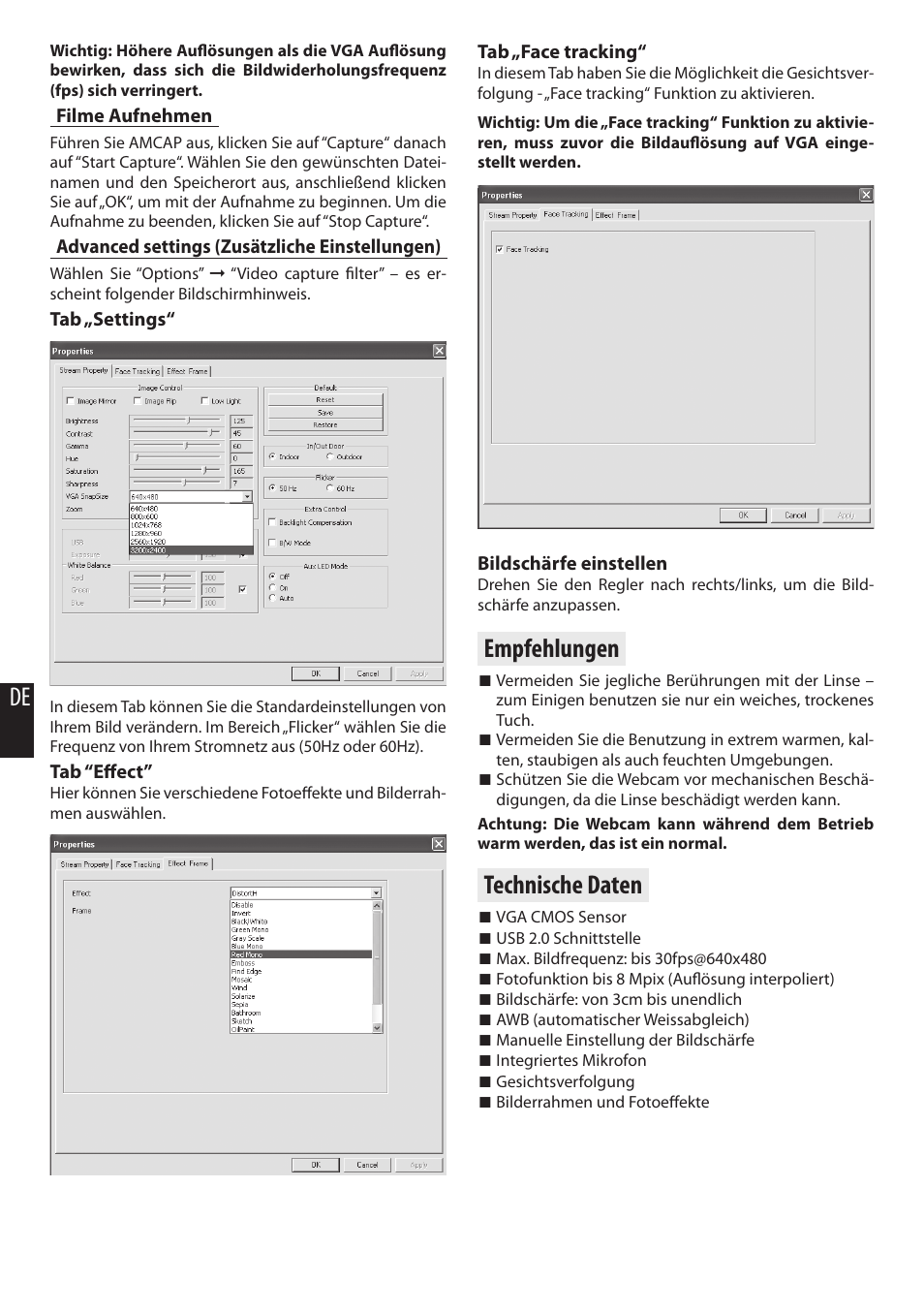 Empfehlungen, Technische daten | Media-Tech Z-CAM User Manual | Page 16 / 16