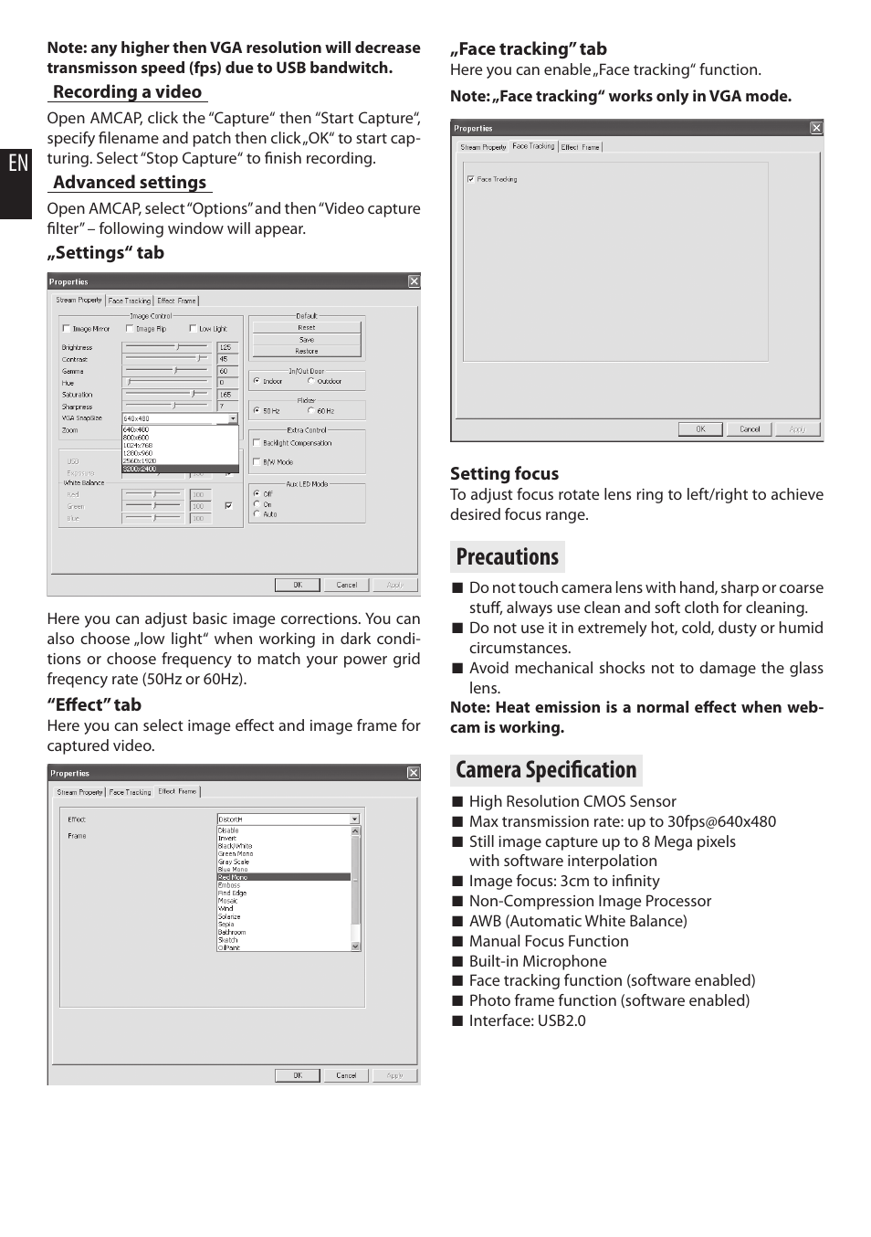 Precautions, Camera specifi cation | Media-Tech Z-CAM User Manual | Page 2 / 16