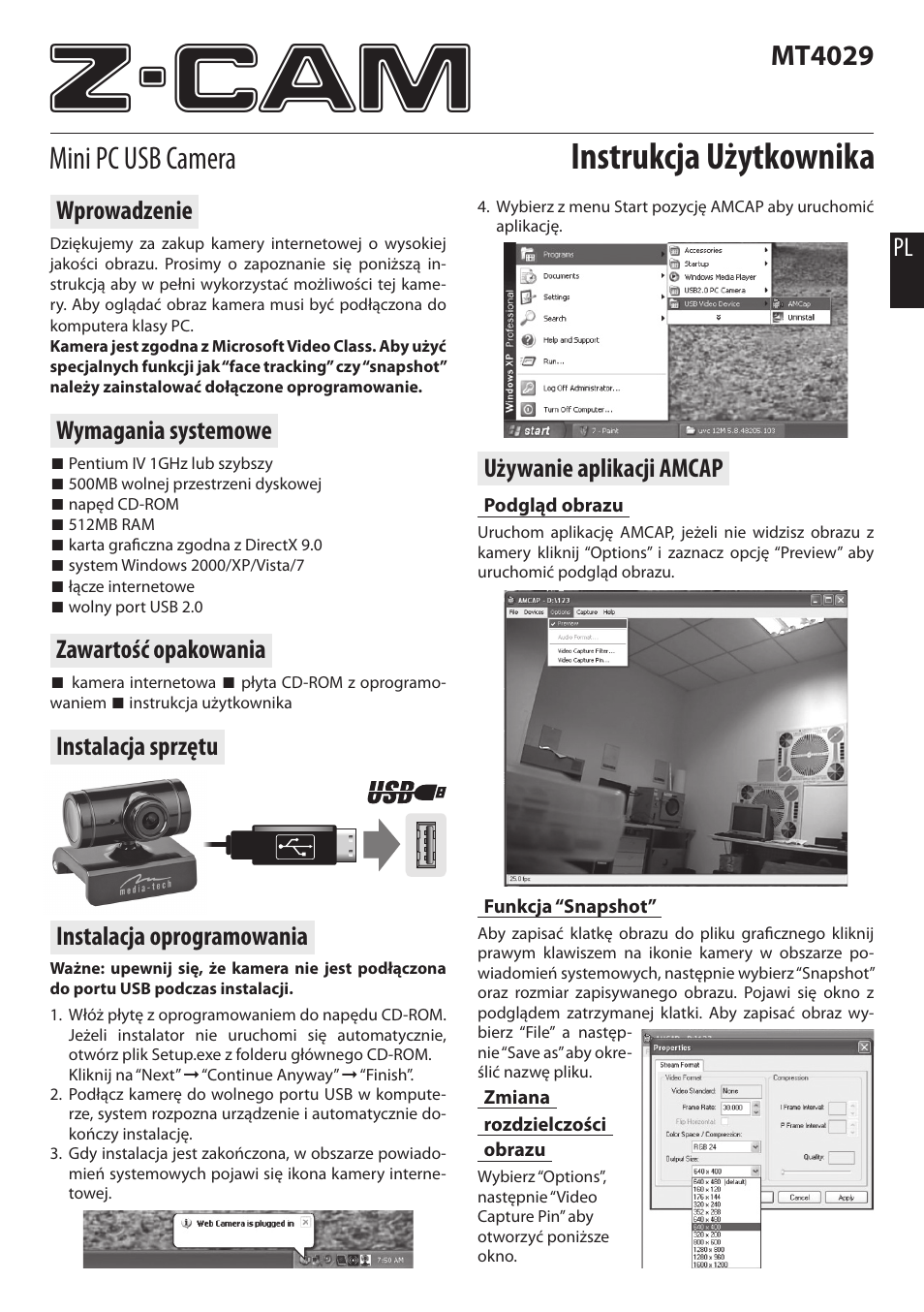 Z-cam, Instrukcja użytkownika, Mini pc usb camera | Mt4029, Instalacja oprogramowania, Używanie aplikacji amcap, Wprowadzenie, Wymagania systemowe, Zawartość opakowania, Instalacja sprzętu | Media-Tech Z-CAM User Manual | Page 3 / 16