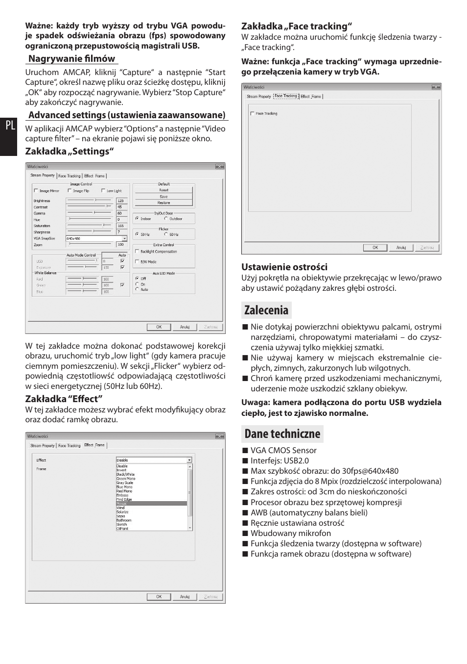 Zalecenia, Dane techniczne | Media-Tech Z-CAM User Manual | Page 4 / 16