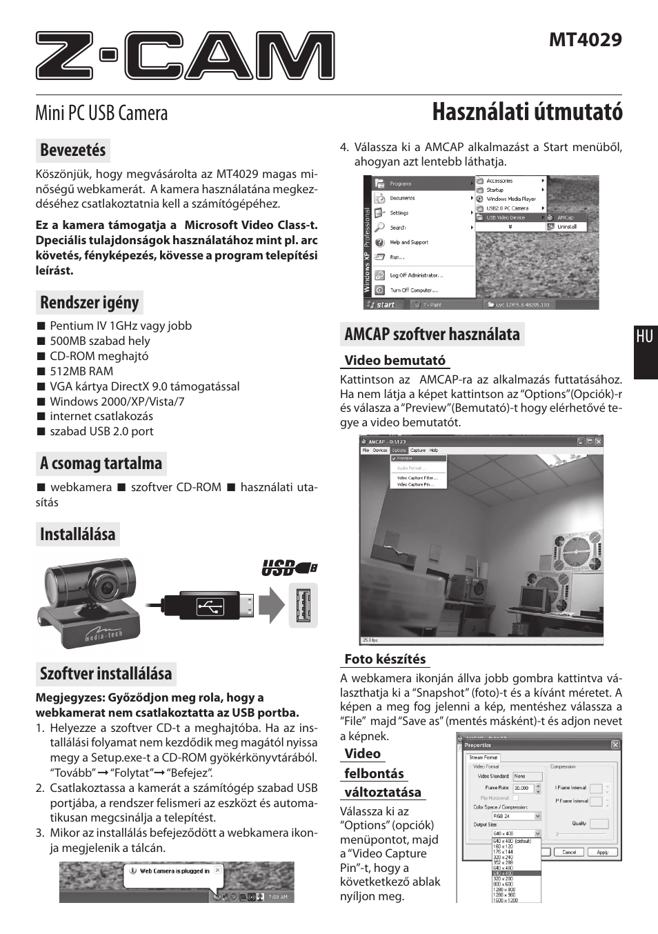 Z-cam, Használati útmutató, Mini pc usb camera | Mt4029 | Media-Tech Z-CAM User Manual | Page 9 / 16