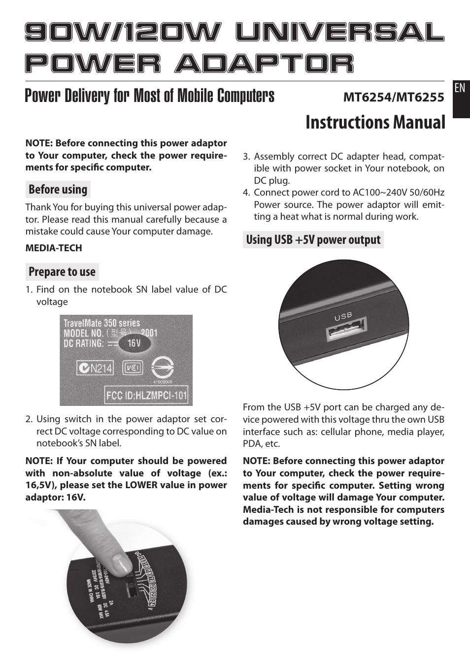 Media-Tech 90W NOTEBOOK UNIVERSAL POWER ADAPTOR User Manual | 8 pages