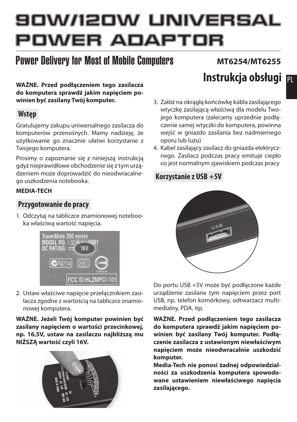 Instrukcja obsługi, Power delivery for most of mobile computers | Media-Tech 90W NOTEBOOK UNIVERSAL POWER ADAPTOR User Manual | Page 2 / 8