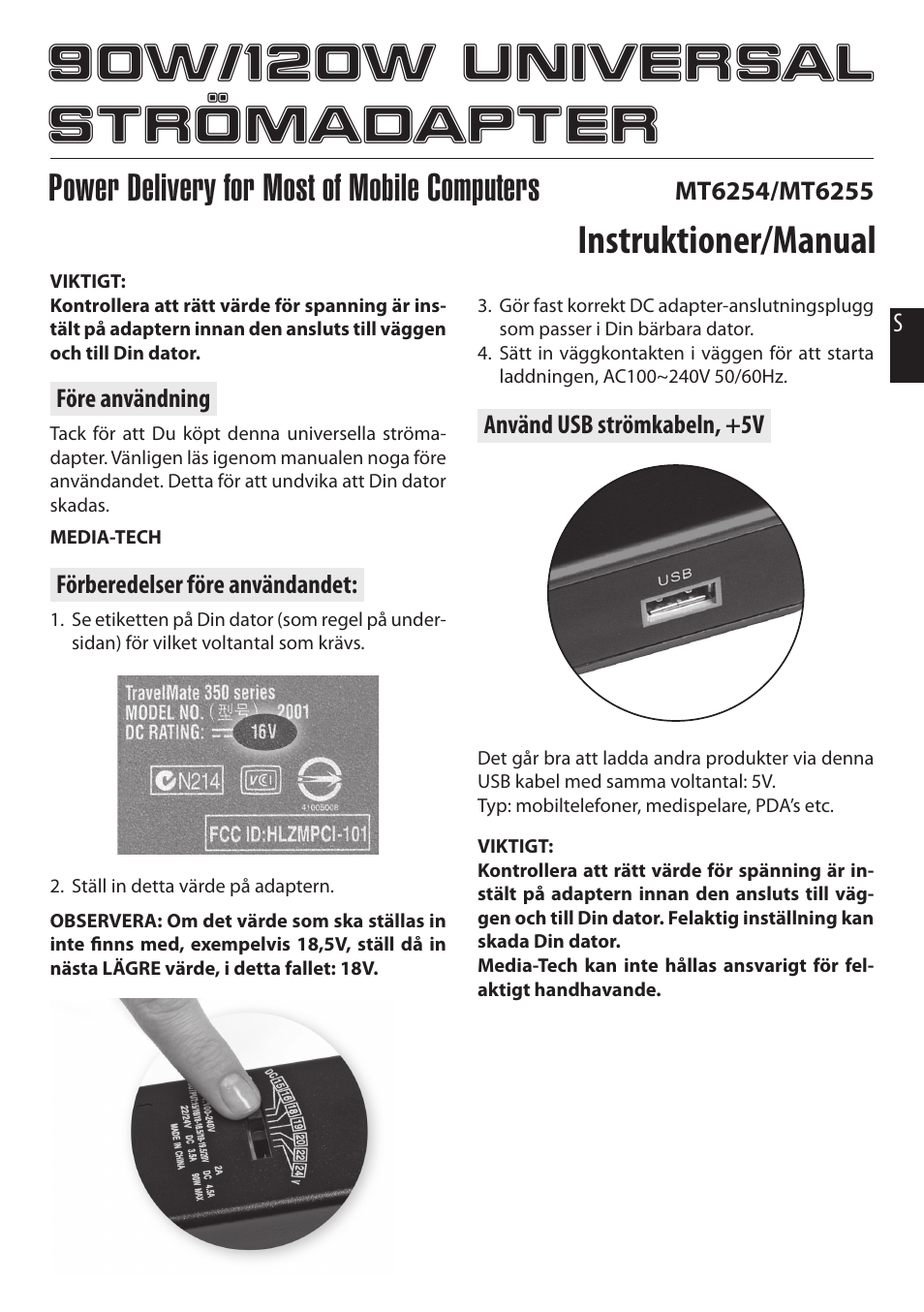 Instruktioner/manual, Power delivery for most of mobile computers | Media-Tech 90W NOTEBOOK UNIVERSAL POWER ADAPTOR User Manual | Page 3 / 8