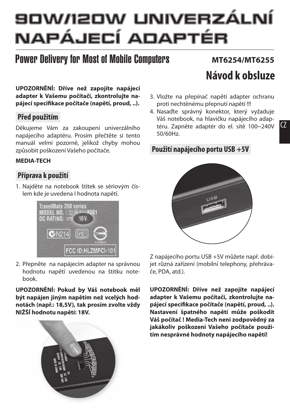 Návod k obsluze, Power delivery for most of mobile computers | Media-Tech 90W NOTEBOOK UNIVERSAL POWER ADAPTOR User Manual | Page 4 / 8