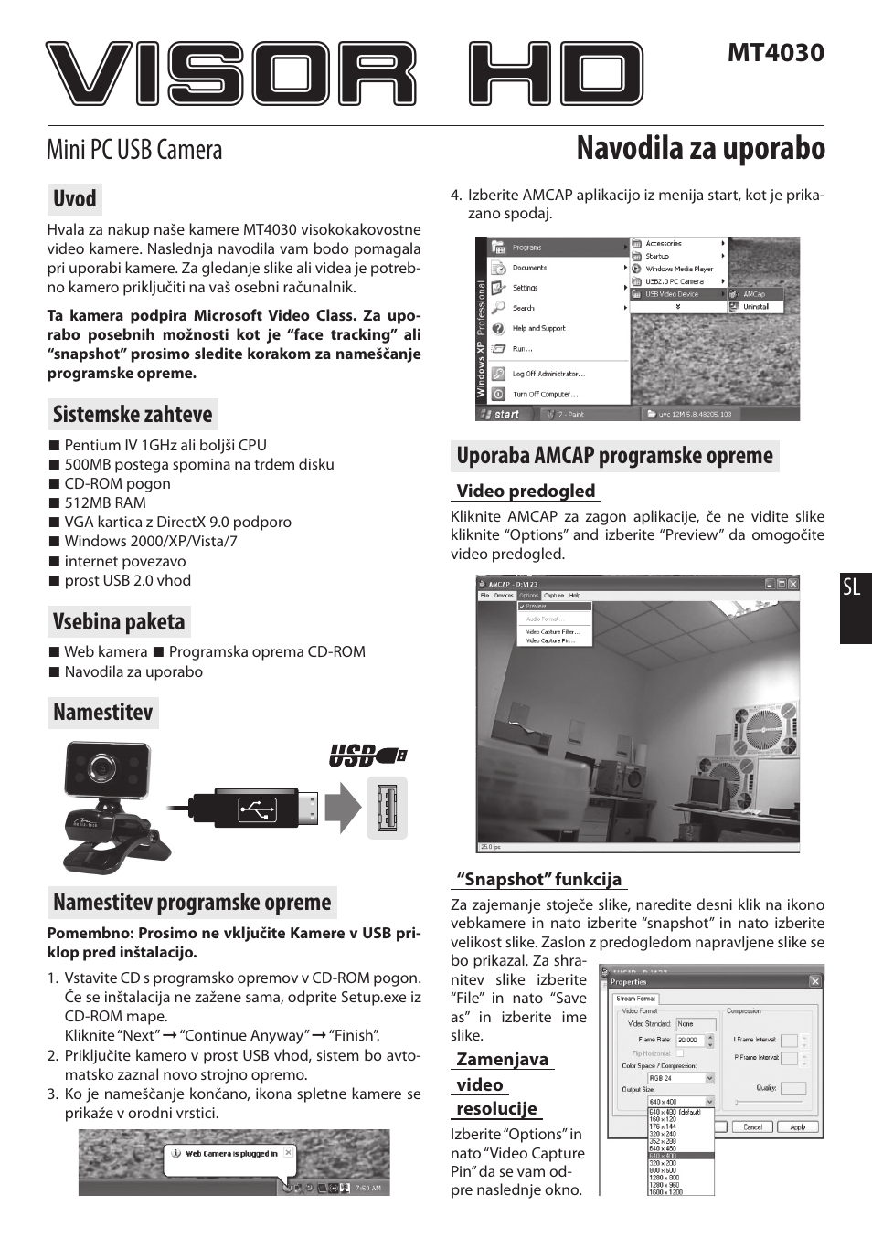 Visor hd, Navodila za uporabo, Mini pc usb camera | Mt4030, Sl uporaba amcap programske opreme, Namestitev programske opreme, Uvod, Sistemske zahteve, Vsebina paketa, Namestitev | Media-Tech VISOR HD User Manual | Page 13 / 16