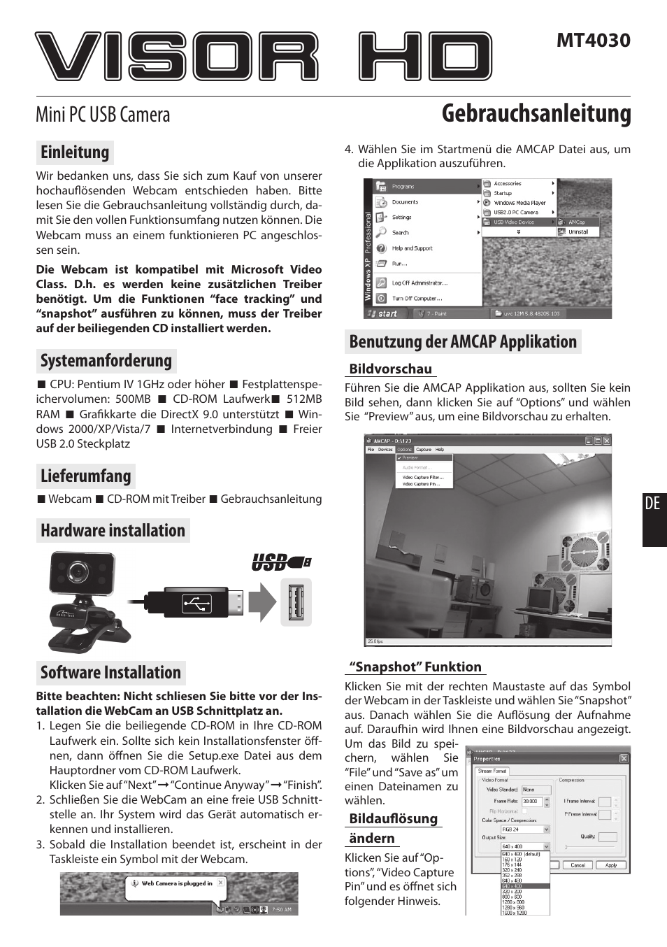 Visor hd, Gebrauchsanleitung, Mini pc usb camera | Mt4030, Benutzung der amcap applikation, Software installation, De einleitung, Systemanforderung, Lieferumfang, Hardware installation | Media-Tech VISOR HD User Manual | Page 15 / 16