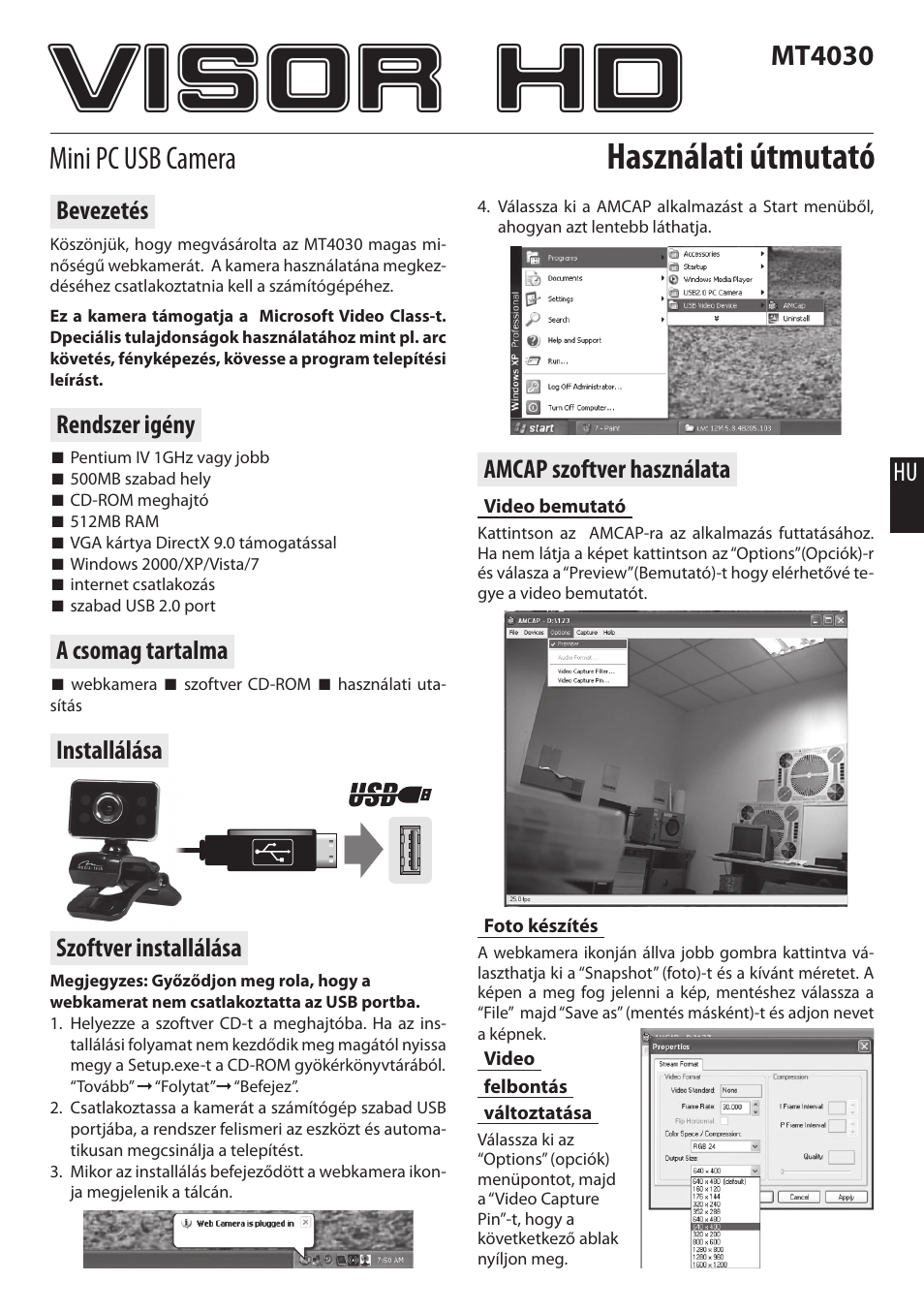 Visor hd, Használati útmutató, Mini pc usb camera | Mt4030 | Media-Tech VISOR HD User Manual | Page 9 / 16