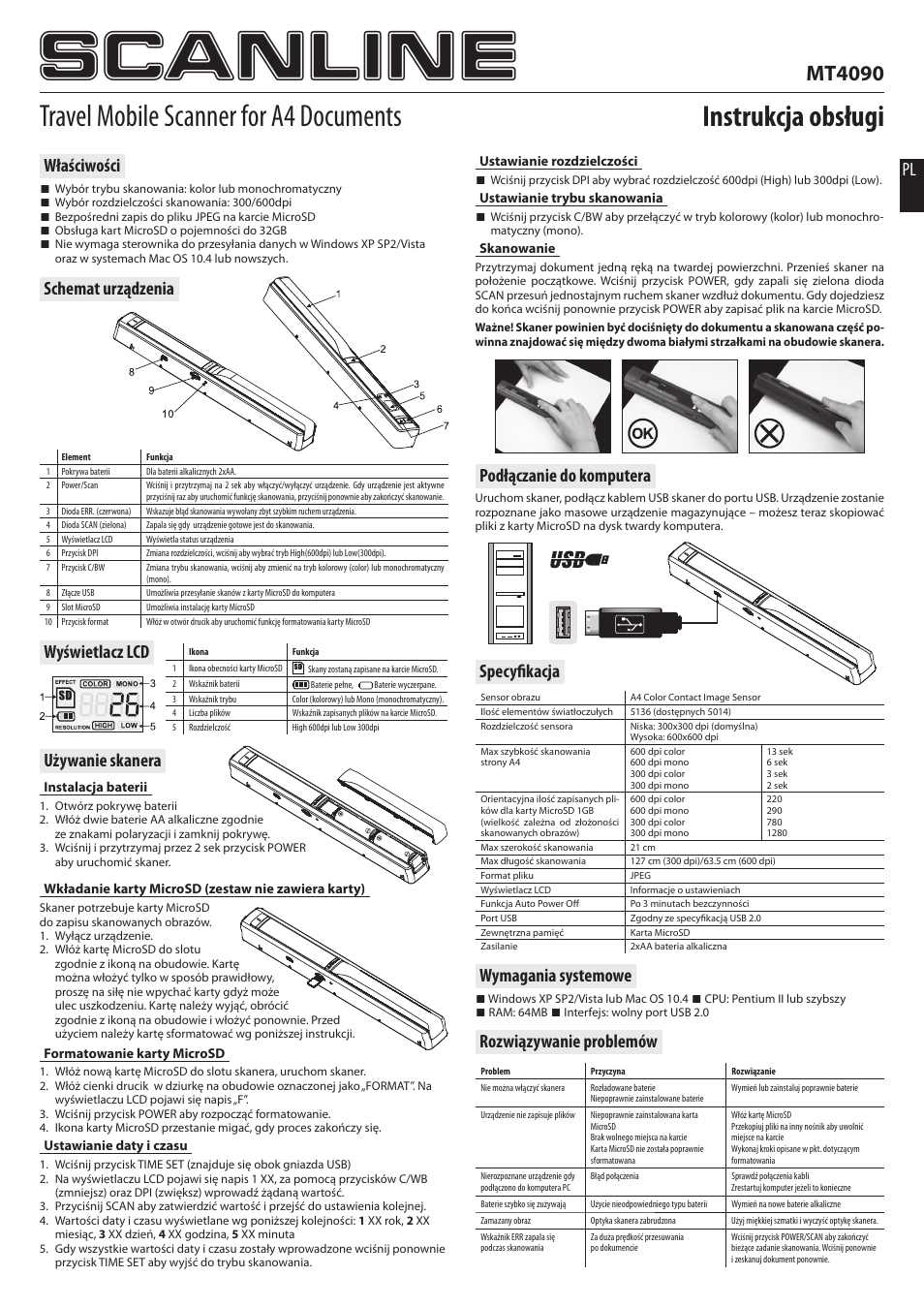 Scanline, Travel mobile scanner for a4 documents, Instrukcja obsługi | Mt4090, Właściwości, Wymagania systemowe, Rozwiązywanie problemów pl, Podłączanie do komputera, Specyfi kacja | Media-Tech SCANLINE User Manual | Page 2 / 8