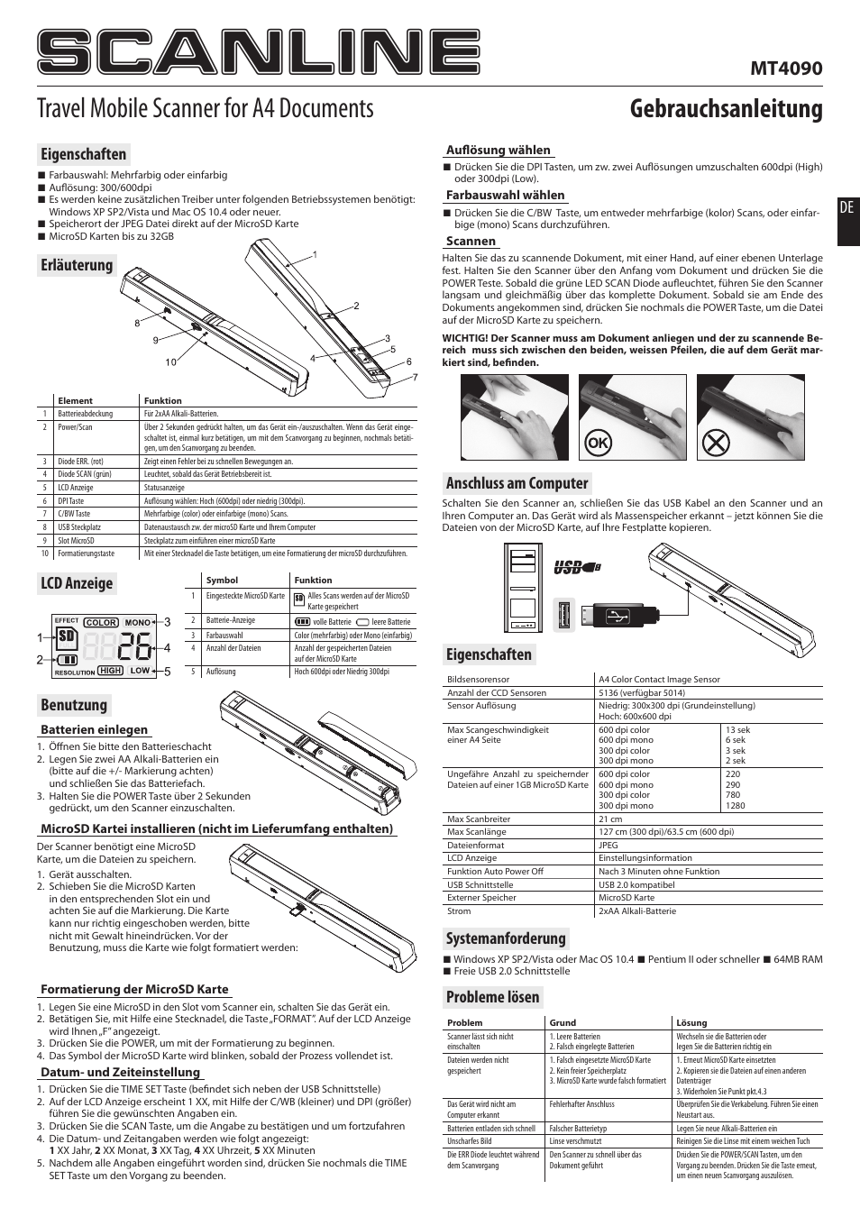 Scanline, Travel mobile scanner for a4 documents, Gebrauchsanleitung | Mt4090, Eigenschaften, Erläuterung lcd anzeige, Systemanforderung, Probleme lösen de, Anschluss am computer, Benutzung | Media-Tech SCANLINE User Manual | Page 3 / 8