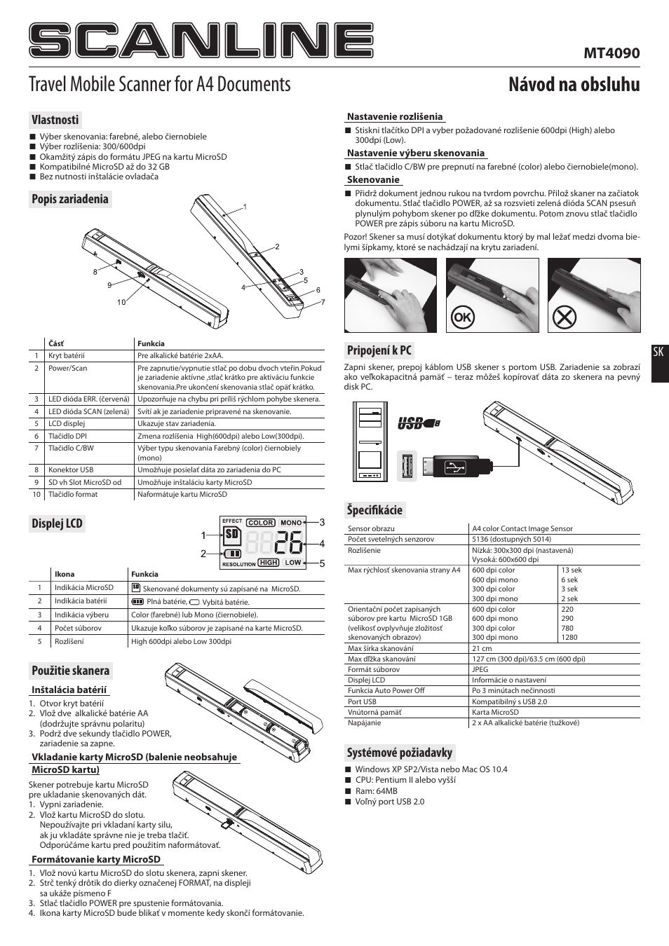 Scanline, Travel mobile scanner for a4 documents, Návod na obsluhu | Mt4090, Vlastnosti, Popis zariadenia displej lcd, Použitie skanera, Pripojení k pc, Špecifi kácie systémové požiadavky | Media-Tech SCANLINE User Manual | Page 8 / 8