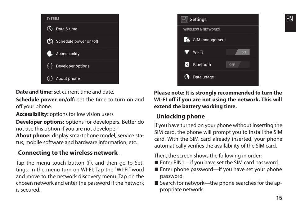 Connecting to the wireless network, Unlocking phone | Media-Tech IMPERIUS N3XT User Manual | Page 15 / 20