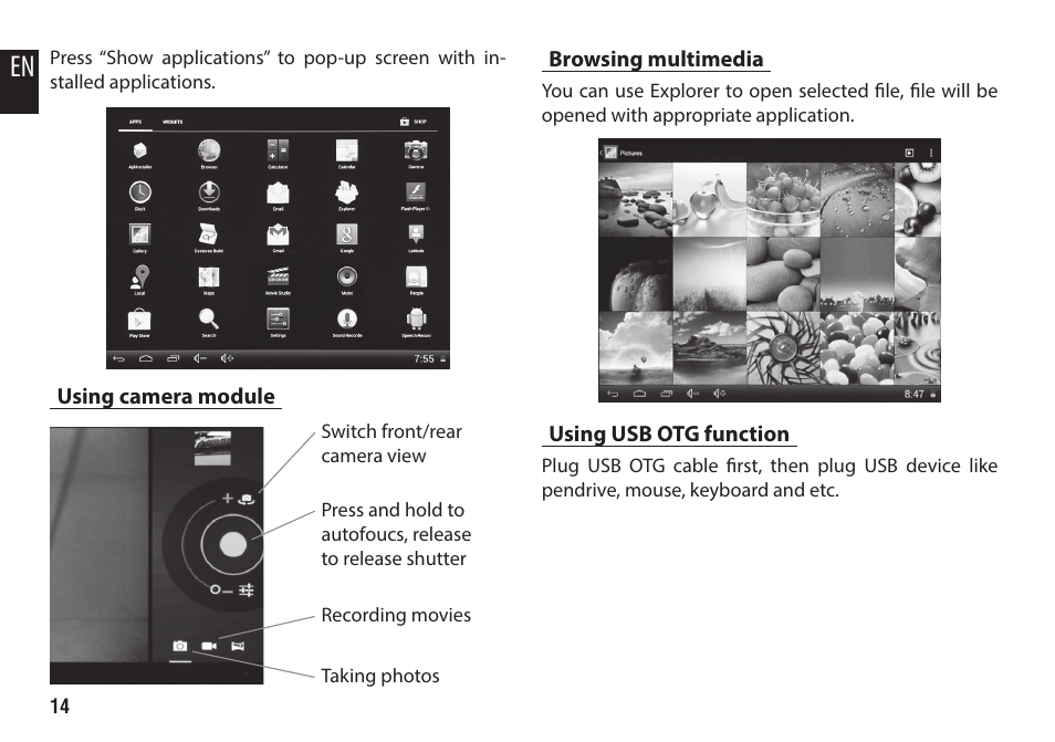 Using camera module, Browsing multimedia, Using usb otg function | Media-Tech IMPERIUS SEVEN 3G User Manual | Page 14 / 16