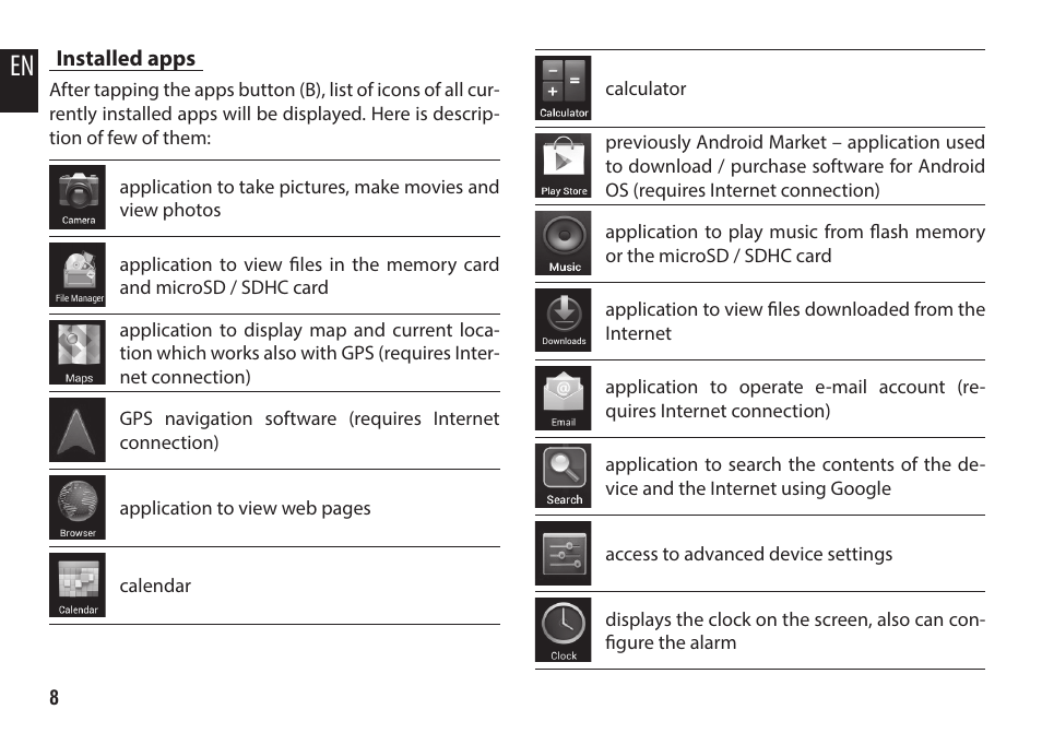 Installed apps | Media-Tech IMPERIUS SEVEN 3G User Manual | Page 8 / 16