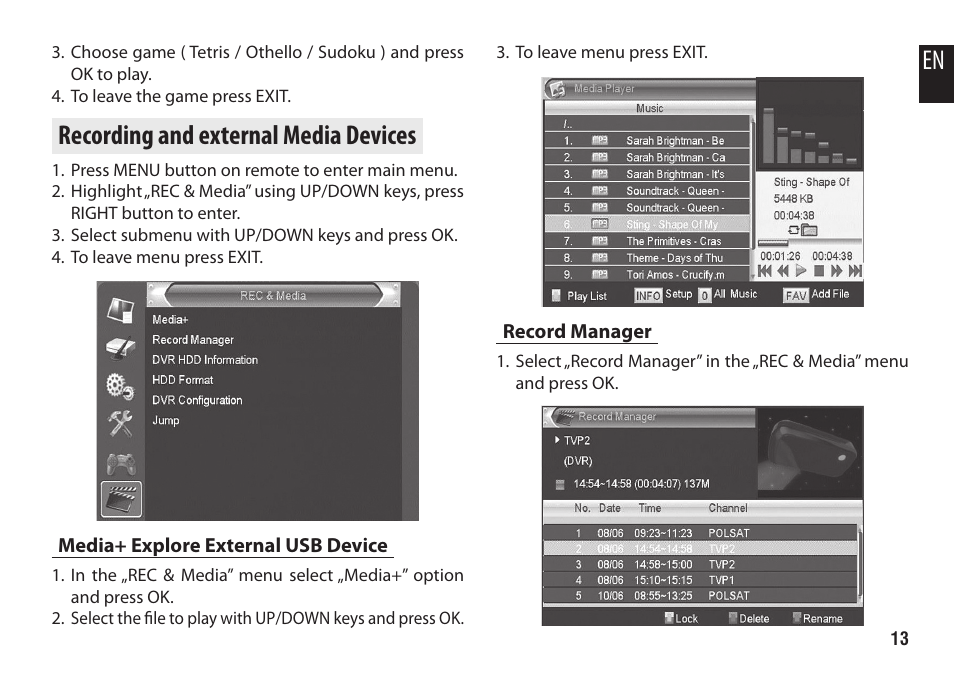 En recording and external media devices | Media-Tech DVB-T2 HD DIGITAL TV BOX User Manual | Page 13 / 16