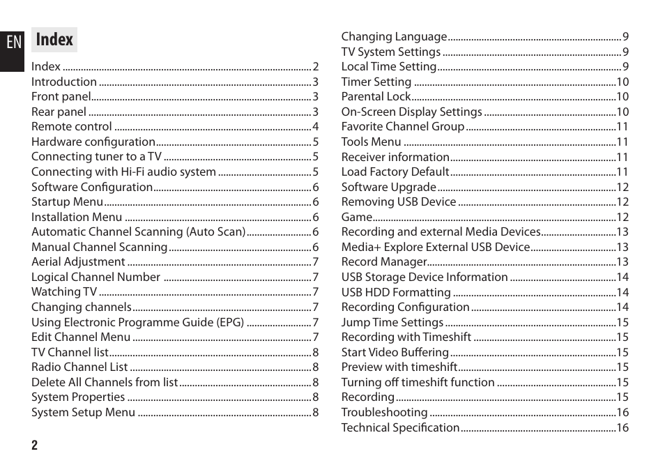 En index | Media-Tech DVB-T2 HD DIGITAL TV BOX User Manual | Page 2 / 16