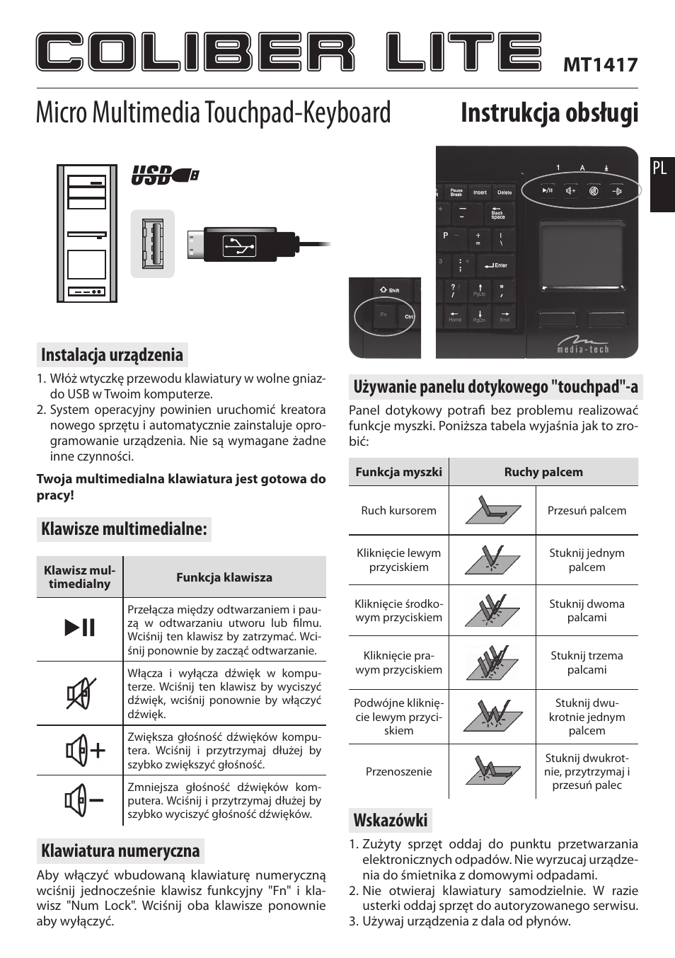 Coliber lite, Micro multimedia touchpad-keyboard, Instrukcja obsługi | Mt1417, Instalacja urządzenia, Klawiatura numeryczna, Wskazówki | Media-Tech COLIBER LITE User Manual | Page 2 / 5