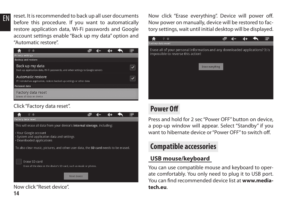 Power oﬀ, Compatible accessories | Media-Tech ENGAGE HQ User Manual | Page 14 / 16