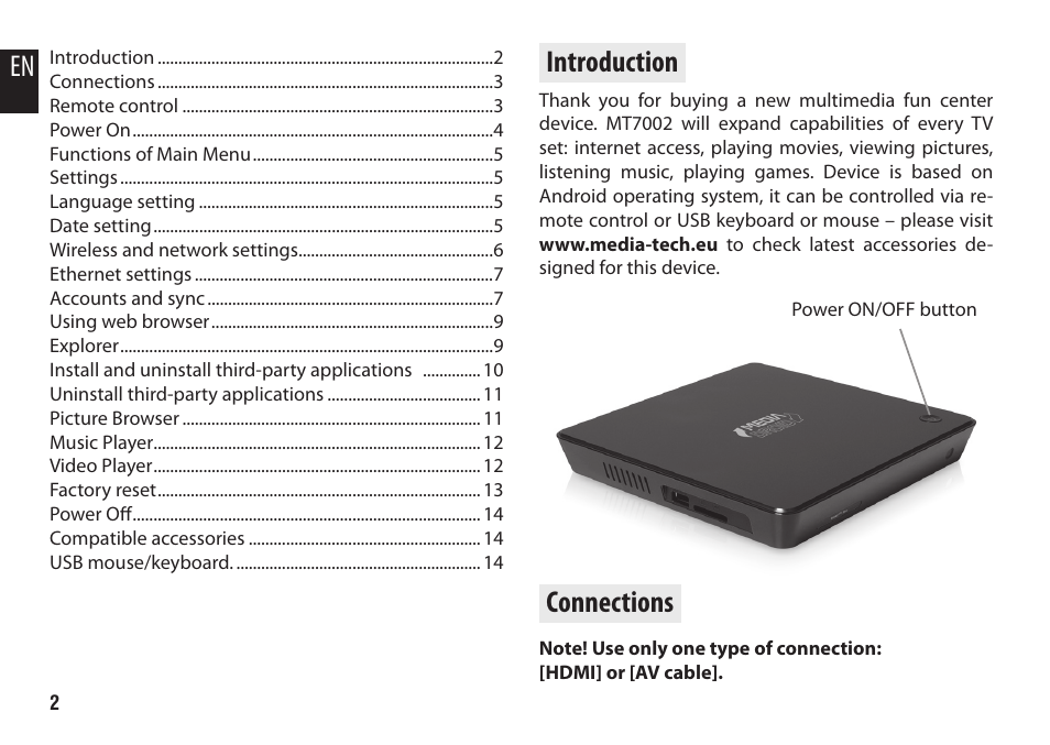 En introduction, Connections | Media-Tech ENGAGE HQ User Manual | Page 2 / 16