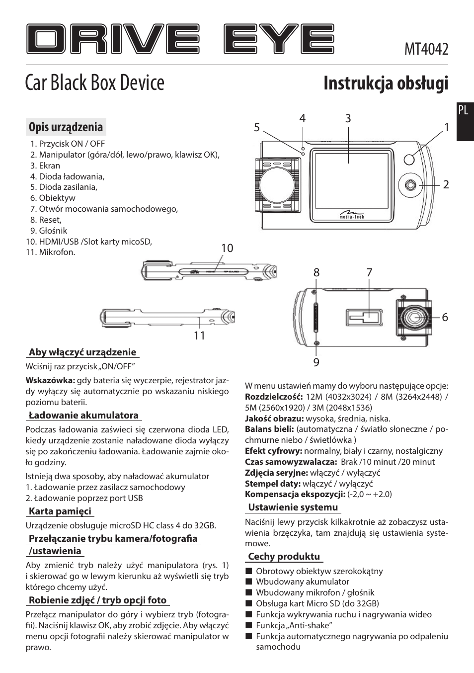 Drive eye, Car black box device, Instrukcja obsługi | Mt4042, Opis urządzenia | Media-Tech DRIVE EYE User Manual | Page 2 / 9