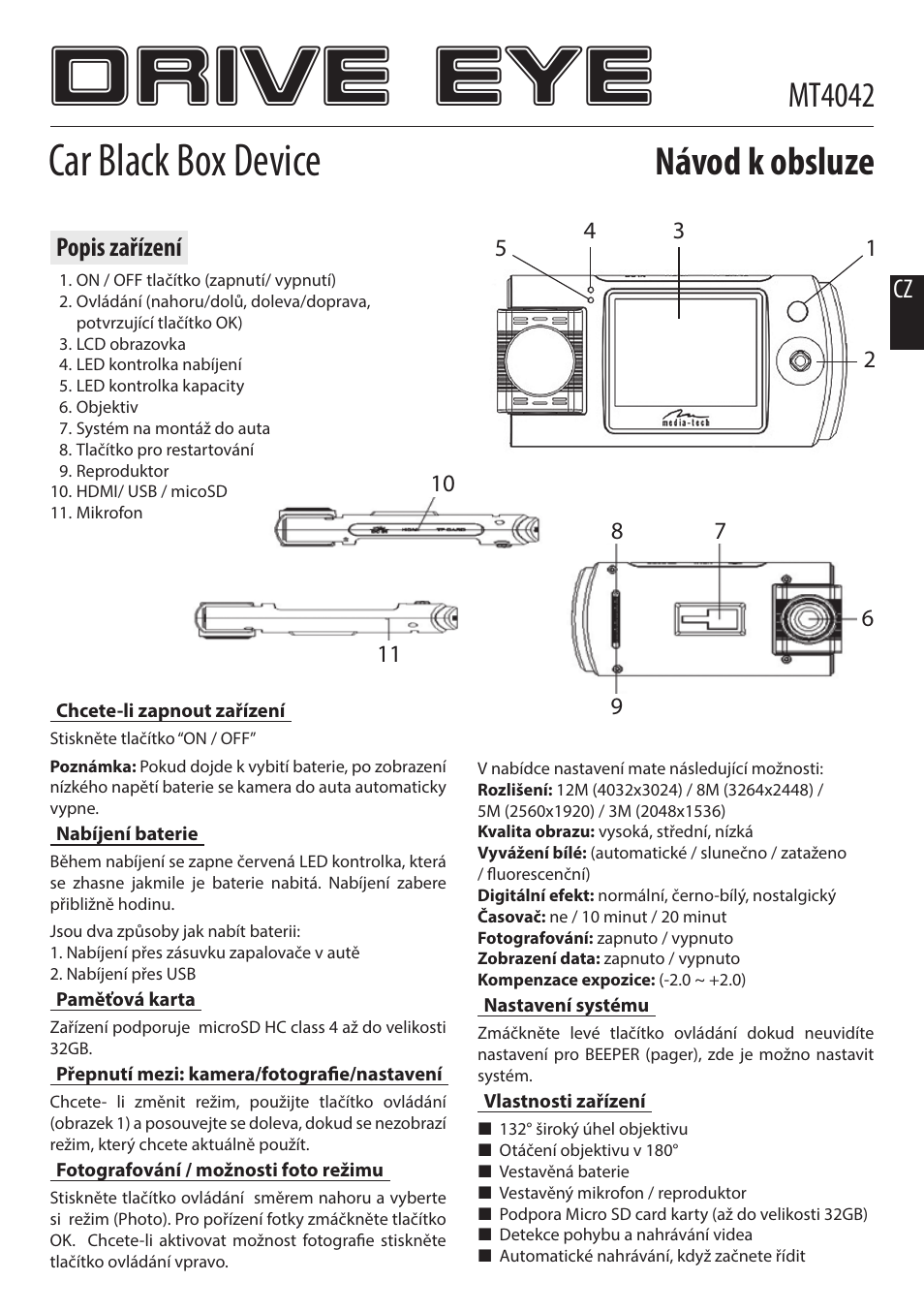 Drive eye, Car black box device, Návod k obsluze | Mt4042, Popis zařízení | Media-Tech DRIVE EYE User Manual | Page 3 / 9