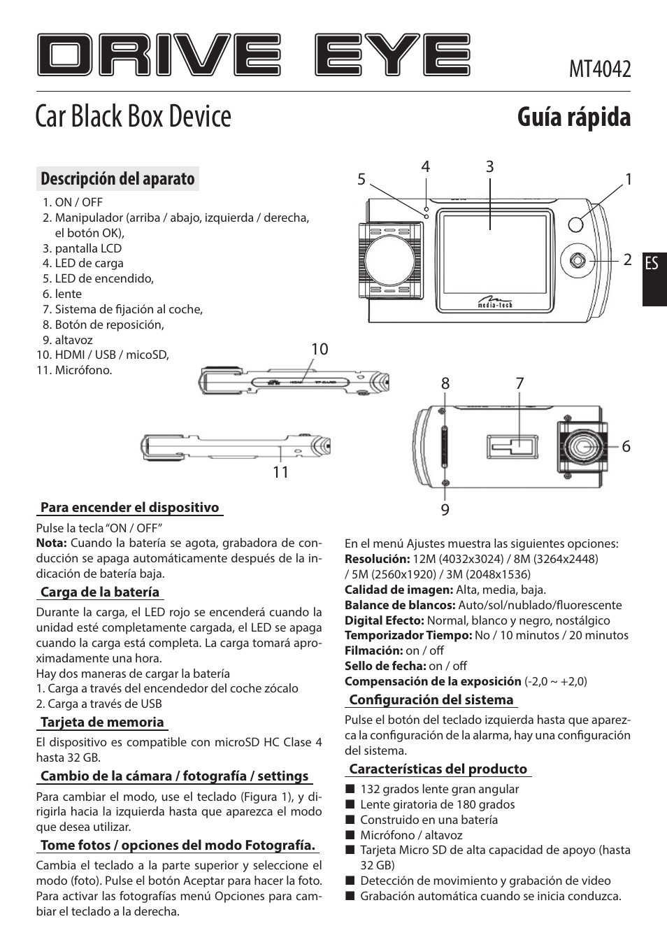 Drive eye, Car black box device, Guía rápida | Mt4042, Descripción del aparato | Media-Tech DRIVE EYE User Manual | Page 4 / 9