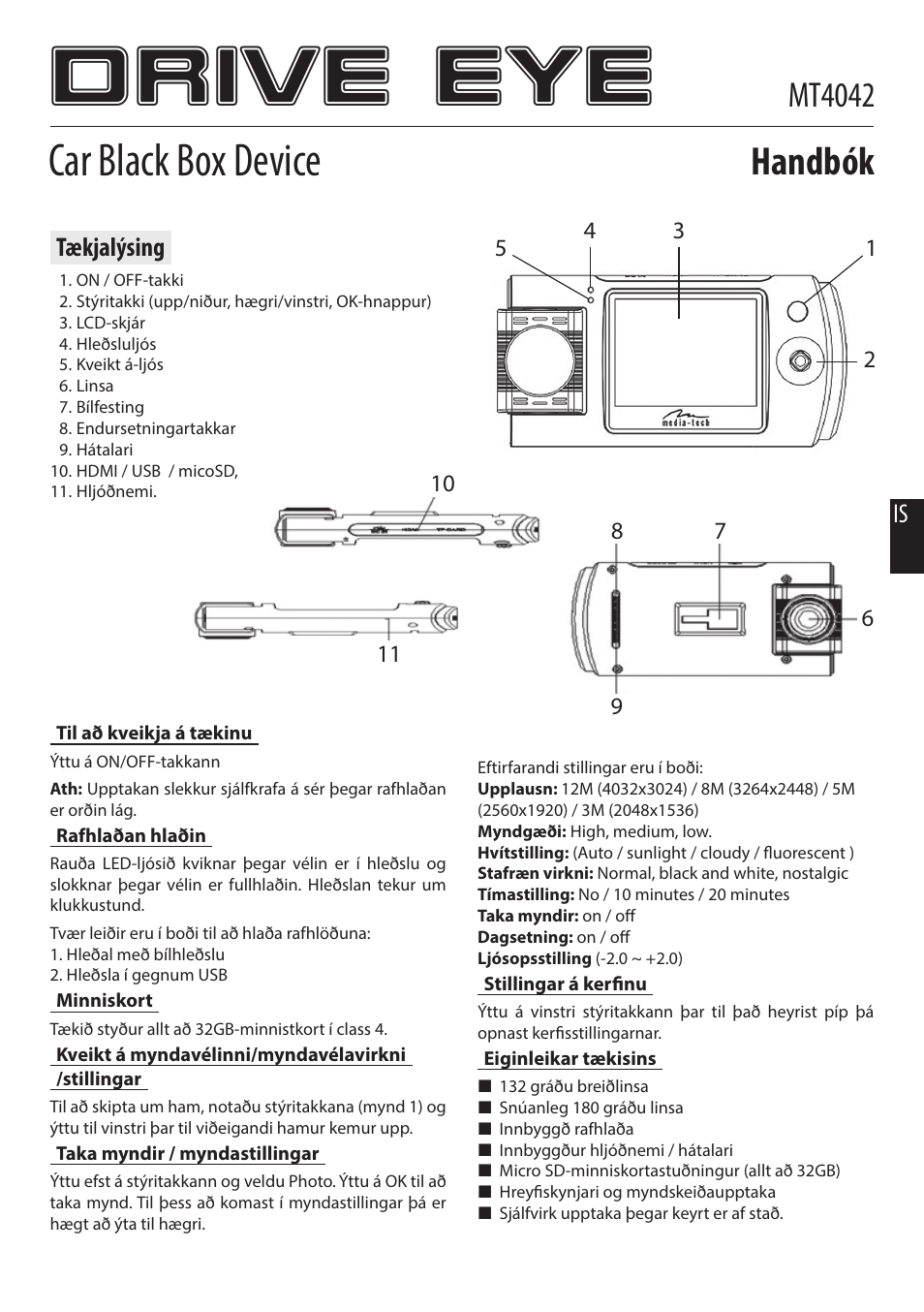 Drive eye, Car black box device, Handbók | Mt4042, Tækjalýsing | Media-Tech DRIVE EYE User Manual | Page 6 / 9