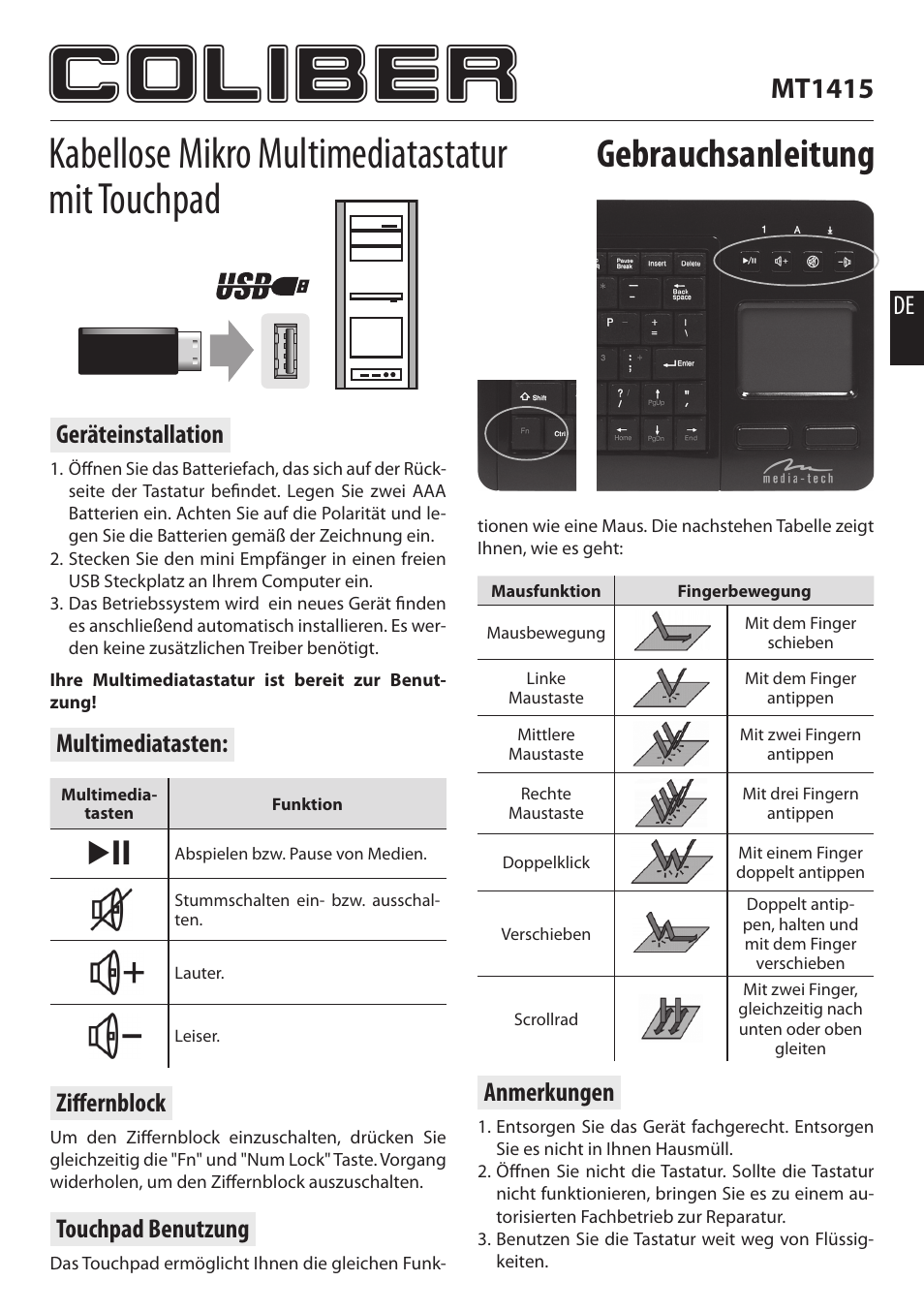 Coliber, Kabellose mikro multimediatastatur mit touchpad, Gebrauchsanleitung | Mt1415, Geräteinstallation, Multimediatasten, Ziff ernblock, Touchpad benutzung, Anmerkungen | Media-Tech COLIBER User Manual | Page 3 / 5