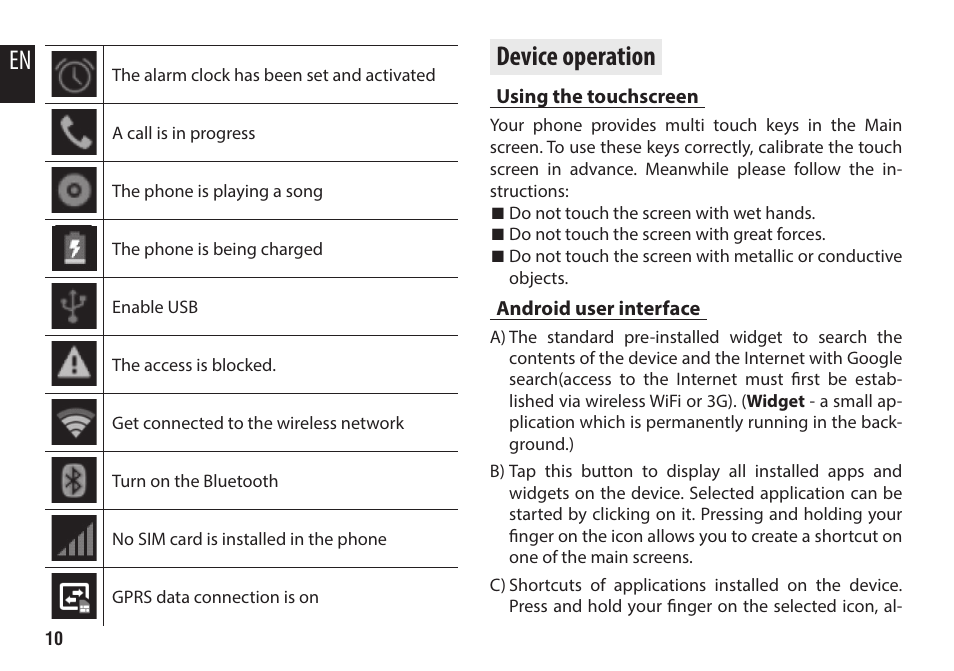 Device operation, Using the touchscreen, Android user interface | En device operation | Media-Tech IMPERIUS AERO User Manual | Page 10 / 20