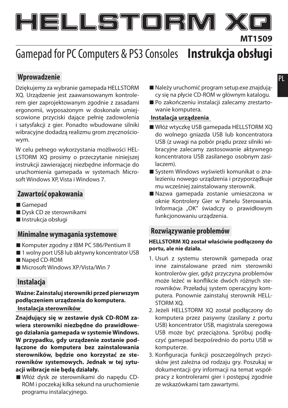 Hellstorm xq, Instrukcja obsługi, Gamepad for pc computers & ps3 consoles | Mt1509 | Media-Tech HELLSTORM XQ User Manual | Page 3 / 10