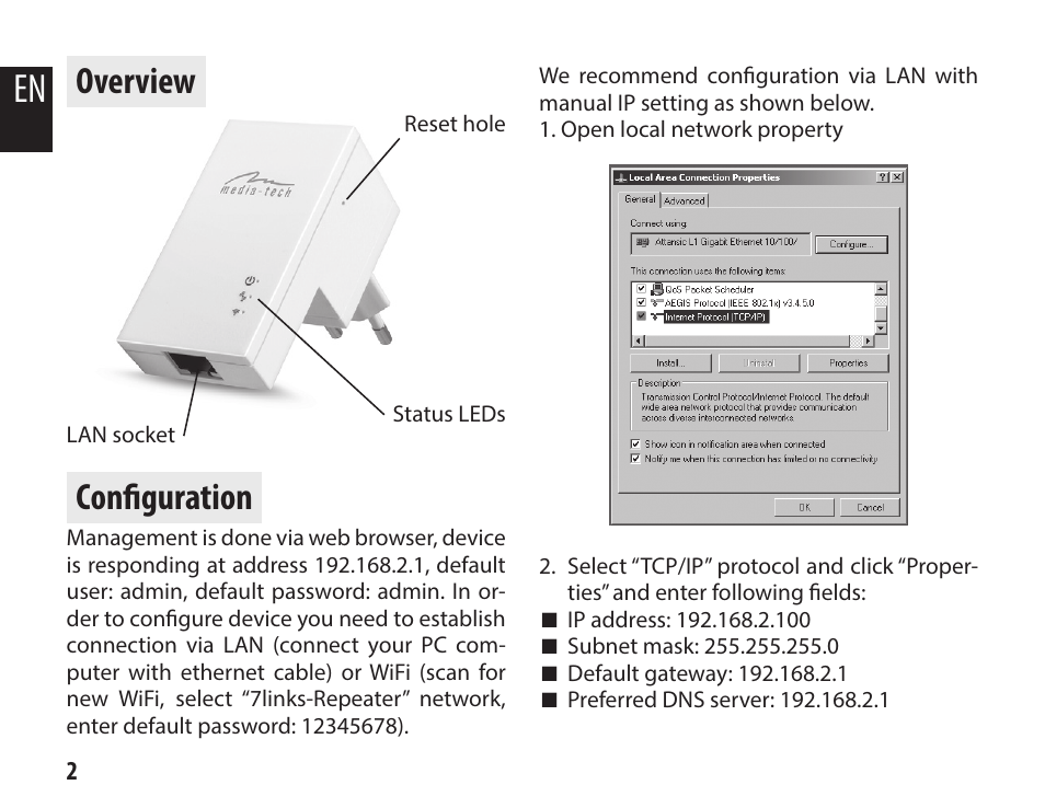 Overview, Configuration | Media-Tech WLAN REPEATER ECO User Manual | Page 2 / 8