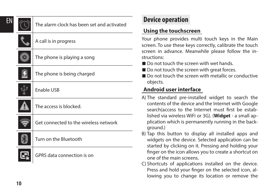 Device operation, Using the touchscreen, Android user interface | En device operation | Media-Tech IMPERIUS MINI User Manual | Page 10 / 76