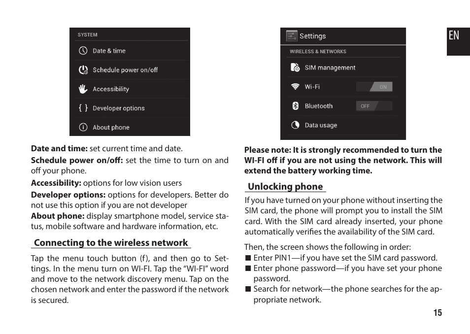 Connecting to the wireless network, Unlocking phone | Media-Tech IMPERIUS MINI User Manual | Page 15 / 76