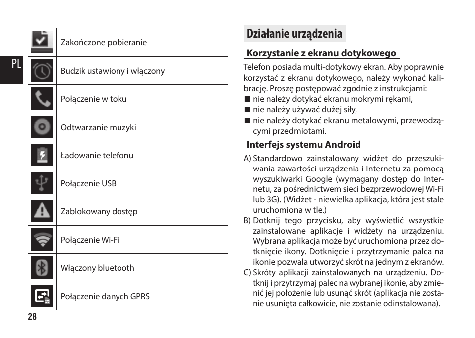 Działanie urządzenia, Korzystanie z ekranu dotykowego, Interfejs systemu android | Media-Tech IMPERIUS MINI User Manual | Page 28 / 76