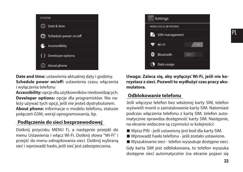 Podłączenie do sieci bezprzewodowej, Odblokowanie telefonu | Media-Tech IMPERIUS MINI User Manual | Page 33 / 76