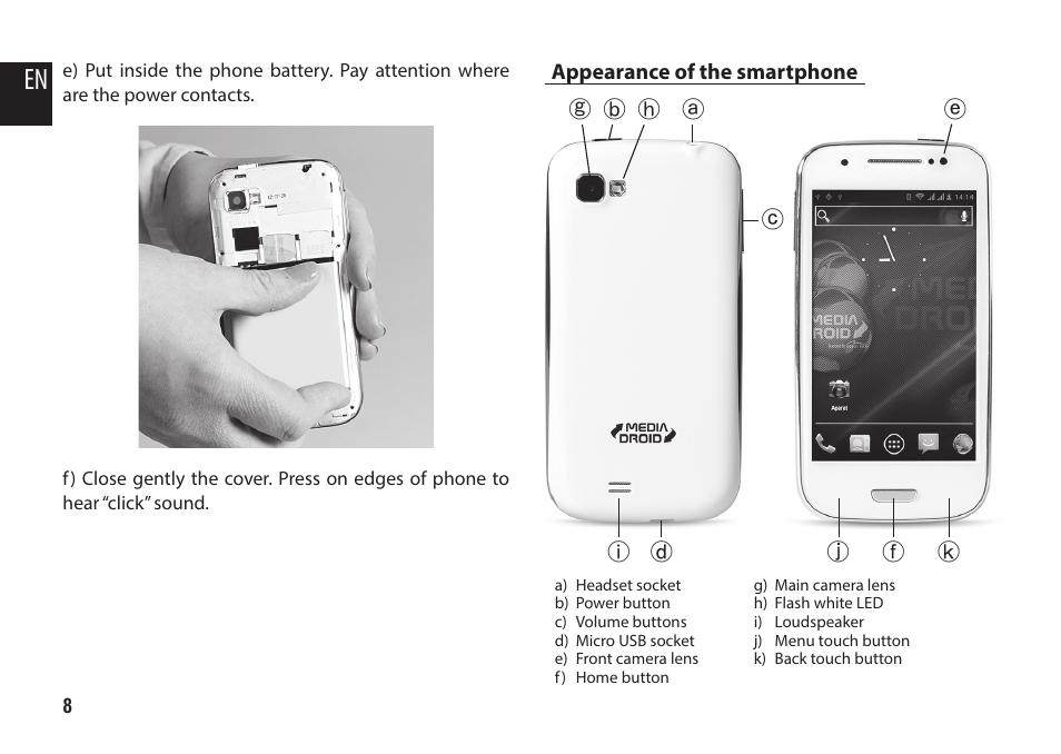 Appearance of the smartphone | Media-Tech IMPERIUS MINI User Manual | Page 8 / 76