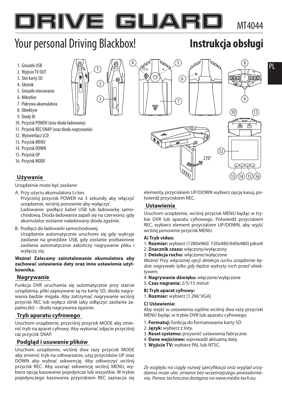 Drive guard, Your personal driving blackbox, Instrukcja obsługi | Mt4044 | Media-Tech DRIVE GUARD User Manual | Page 2 / 4