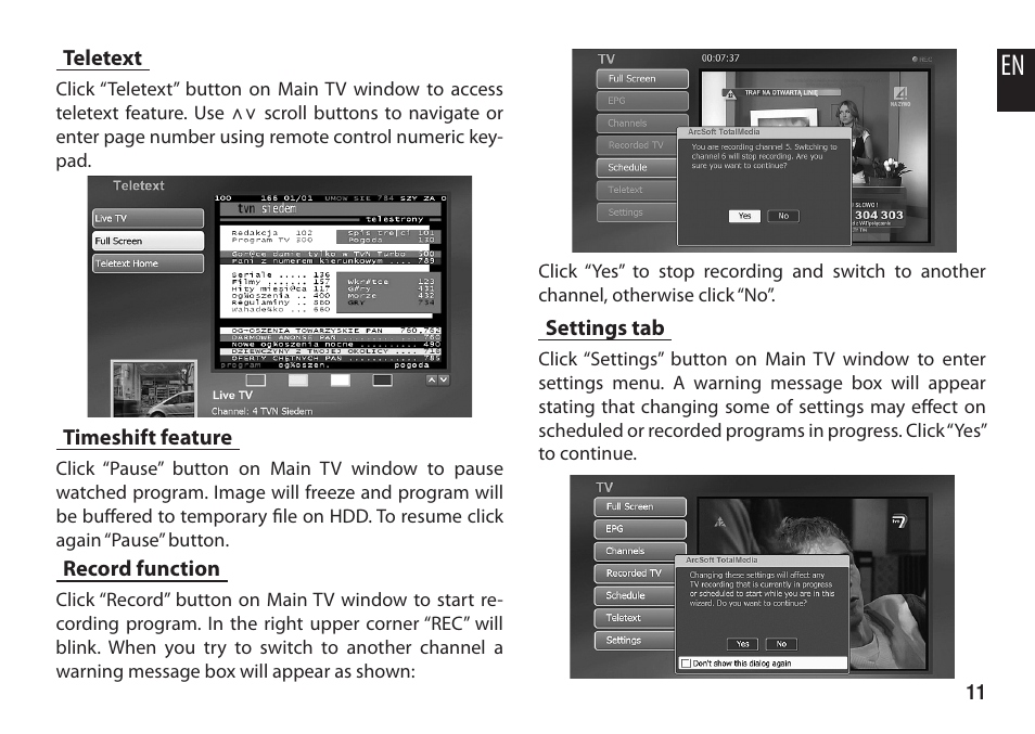 Teletext, Timeshift feature, Record function | Settings tab | Media-Tech MICRO DVB-T STICK User Manual | Page 11 / 12