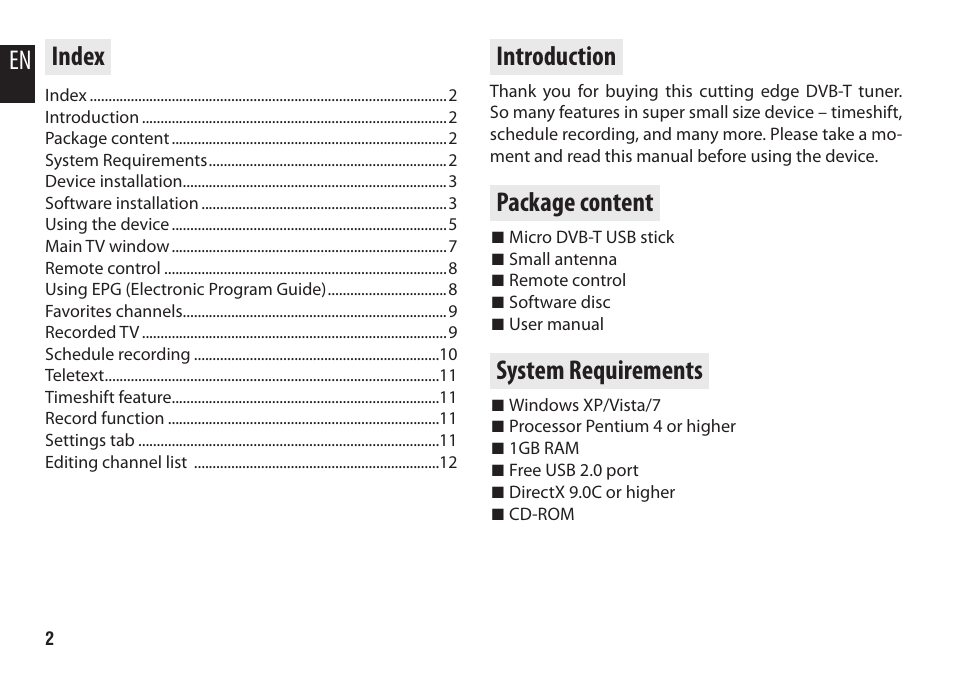 Index, Introduction, Package content | System requirements, En index | Media-Tech MICRO DVB-T STICK User Manual | Page 2 / 12