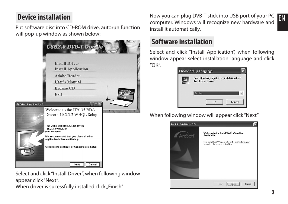 Device installation, Software installation, En device installation | Media-Tech MICRO DVB-T STICK User Manual | Page 3 / 12