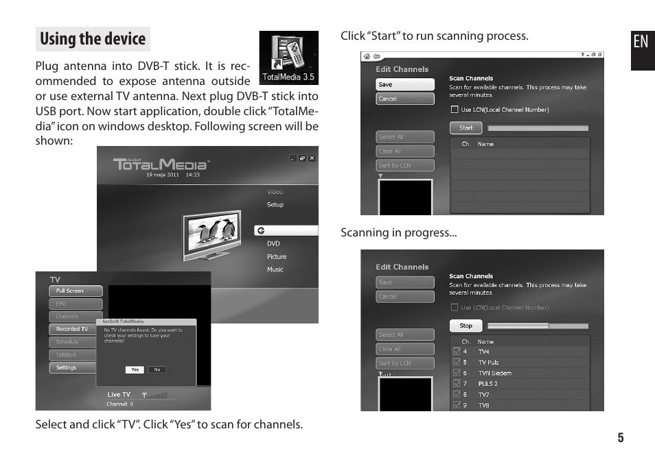 Using the device | Media-Tech MICRO DVB-T STICK User Manual | Page 5 / 12