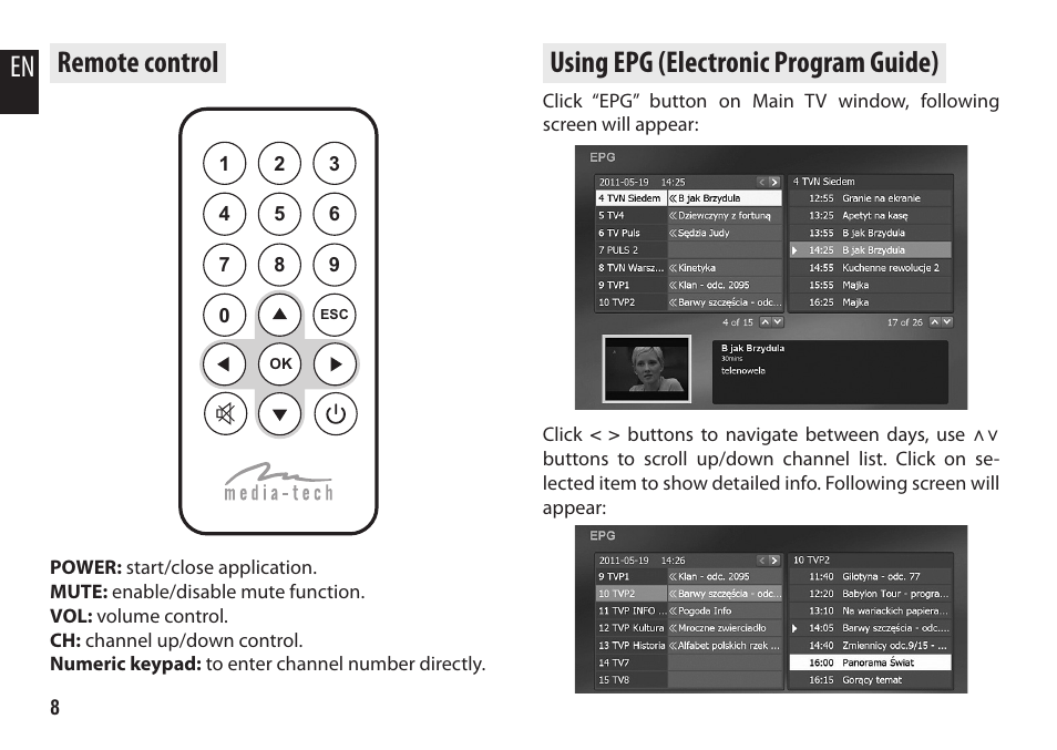 Remote control, Using epg (electronic program guide), En remote control | Media-Tech MICRO DVB-T STICK User Manual | Page 8 / 12