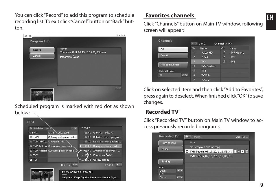 Favorites channels, Recorded tv | Media-Tech MICRO DVB-T STICK User Manual | Page 9 / 12