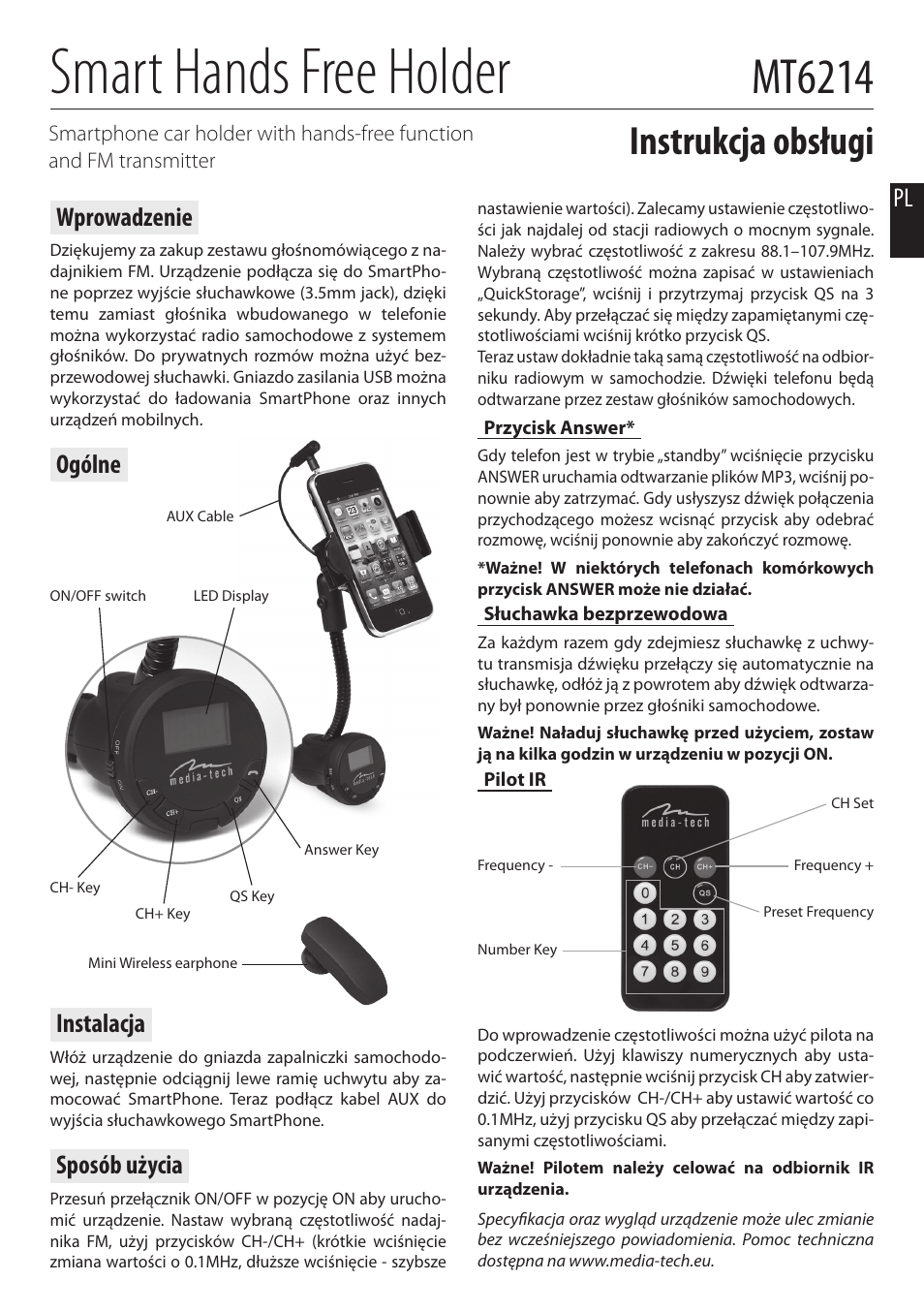Smart hands free holder, Mt6214, Instrukcja obsługi | Wprowadzenie, Ogólne, Instalacja, Sposób użycia | Media-Tech SMART HF HOLDER User Manual | Page 2 / 5