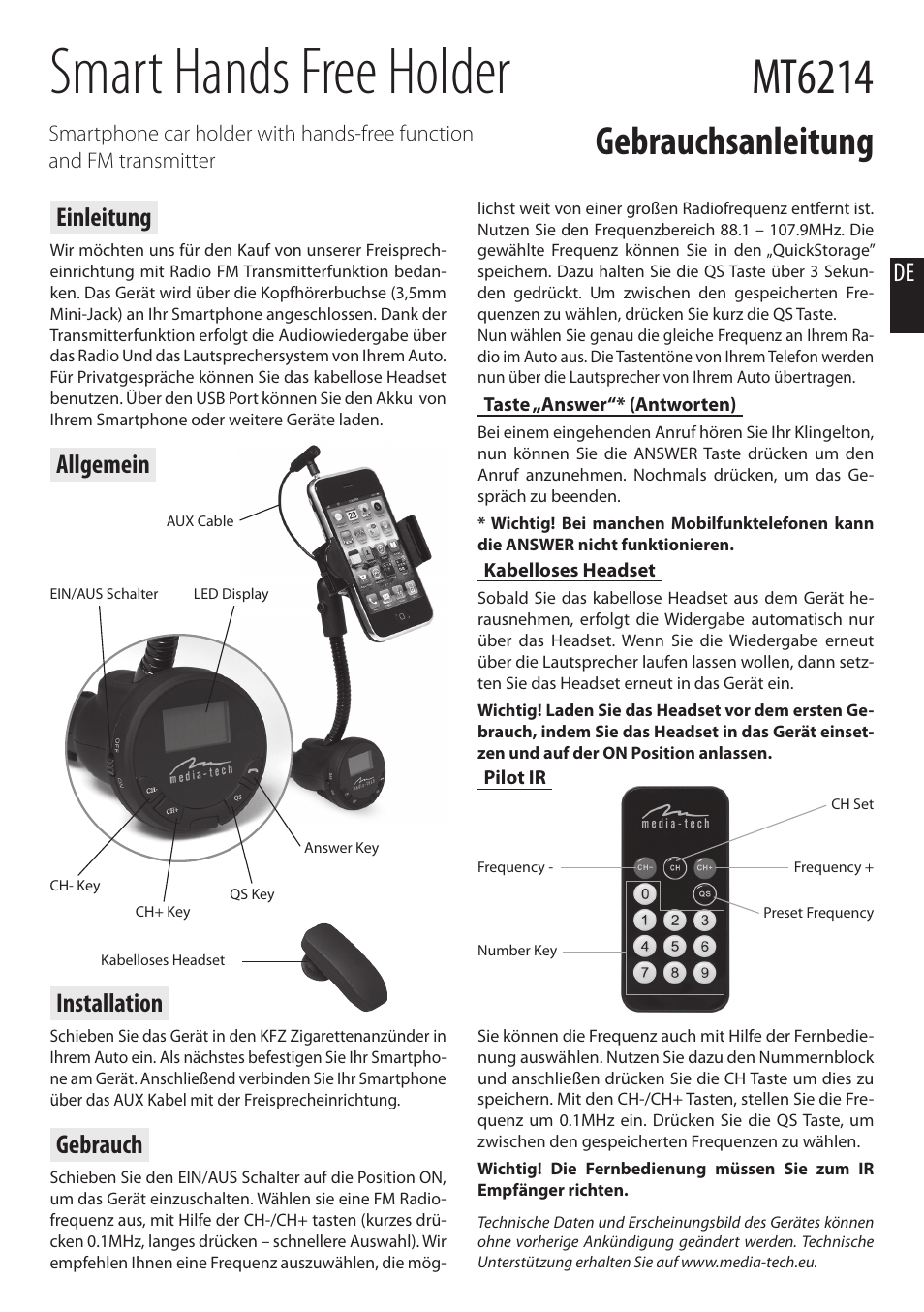 Smart hands free holder, Mt6214, Gebrauchsanleitung | Einleitung, Allgemein, Installation, Gebrauch | Media-Tech SMART HF HOLDER User Manual | Page 3 / 5