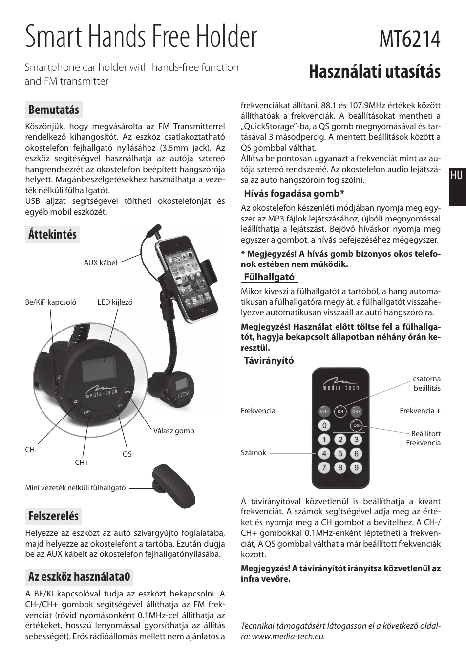 Smart hands free holder, Mt6214, Használati utasítás | Bemutatás, Áttekintés, Felszerelés, Az eszköz használata0 | Media-Tech SMART HF HOLDER User Manual | Page 4 / 5